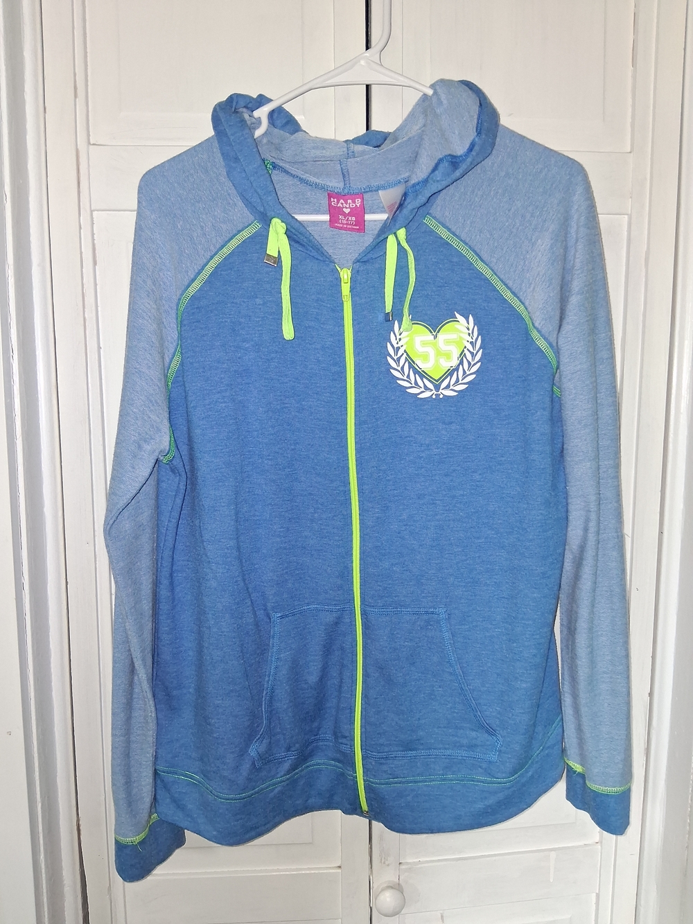 Hard Candy Blue Zip Hoodie with Neon Green Accents